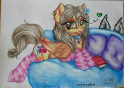 Size: 601x428 | Tagged: safe, artist:maryhoovesfield, imported from derpibooru, oc, oc only, pegasus, pony, bedroom eyes, choker, clothes, couch, ear fluff, eyelashes, female, heart, mare, pegasus oc, pillow, socks, solo, striped socks, traditional art, wings