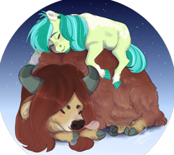 Size: 1505x1335 | Tagged: safe, artist:theartfox2468, imported from derpibooru, sandbar, yona, earth pony, pony, yak, blushing, cloven hooves, colored hooves, cuddle puddle, cuddling, cute, daaaaaaaaaaaw, eyes closed, facial hair, female, freckles, interspecies, loose hair, lying down, male, older, older sandbar, older yona, pony pile, prone, sandabetes, shipping, sleeping, straight, yonabar, yonadorable