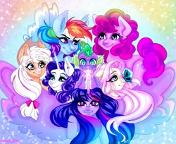 Size: 1008x824 | Tagged: safe, artist:pastelfluffy03, imported from derpibooru, applejack, fluttershy, pinkie pie, rainbow dash, rarity, spike, twilight sparkle, alicorn, butterfly, dragon, earth pony, pegasus, unicorn, female, glowing horn, group shot, horn, insect on nose, male, mane seven, mane six, mare, rainbow background, signature, smiling, spread wings, twilight sparkle (alicorn), wings