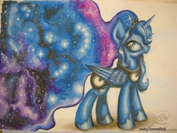 Size: 604x453 | Tagged: safe, artist:maryhoovesfield, imported from derpibooru, princess luna, alicorn, pony, crown, ethereal mane, ethereal tail, female, galaxy mane, galaxy tail, hoof shoes, jewelry, mare, peytral, regalia, solo, starry mane, starry tail, tiara, traditional art