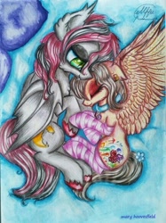 Size: 436x582 | Tagged: safe, artist:maryhoovesfield, imported from derpibooru, oc, oc only, bat pony, pegasus, pony, bat pony oc, bat wings, choker, clothes, ear fluff, eyes closed, female, hoof polish, lesbian, mare, pegasus oc, pillow, signature, sleeping, socks, striped socks, traditional art, unshorn fetlocks, wings