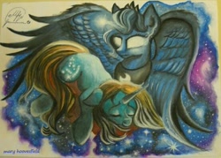 Size: 553x396 | Tagged: safe, artist:maryhoovesfield, imported from derpibooru, princess luna, oc, alicorn, pony, unicorn, bust, duo, ethereal mane, eyes closed, female, galaxy mane, glowing eyes, glowing horn, horn, mare, peytral, signature, sleeping, traditional art, unicorn oc, wings