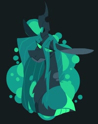 Size: 742x939 | Tagged: safe, artist:rockin_candies, imported from derpibooru, queen chrysalis, changeling, changeling queen, abstract background, black background, female, horn, simple background, slit eyes, slit pupils, smiling, solo