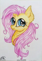 Size: 413x604 | Tagged: safe, artist:maryhoovesfield, imported from derpibooru, fluttershy, pegasus, pony, bust, cute, ear fluff, eyelashes, female, mare, shyabetes, signature, smiling, solo, traditional art