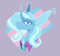 Size: 898x838 | Tagged: safe, artist:rockin_candies, imported from derpibooru, trixie, pony, unicorn, alternate design, bust, cape, clothes, ear tufts, female, gender headcanon, headcanon, horn, lgbt headcanon, pride, pride flag, sexuality headcanon, smiling, solo, trans female, trans trixie, transgender, transgender pride flag, trixie's cape