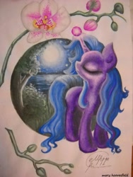 Size: 453x604 | Tagged: safe, artist:maryhoovesfield, imported from derpibooru, oc, oc only, pony, unicorn, eyes closed, female, flower, full moon, glowing horn, horn, mare, moon, signature, solo, traditional art, unicorn oc