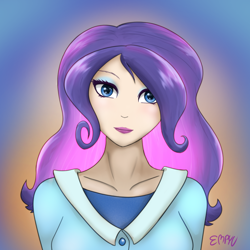 Size: 1000x1000 | Tagged: safe, artist:empyu, imported from derpibooru, rarity, human, bangs, blue eyes, bust, female, humanized, lipstick, looking at you, portrait, purple hair, signature, solo