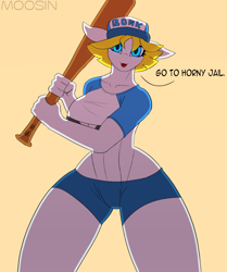 Size: 1448x1735 | Tagged: safe, artist:mopyr, imported from derpibooru, oc, oc only, oc:bonk mare, anthro, baseball bat, bonk, bra, cap, clothes, female, hat, horny jail, looking at you, meme, shorts, solo, underwear