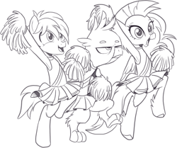 Size: 1203x1008 | Tagged: safe, artist:nauyaco, imported from derpibooru, gallus, sandbar, silverstream, classical hippogriff, griffon, hippogriff, pony, 2 4 6 greaaat, armpits, bipedal, black and white, cheerleader, cheerleader gallus, cheerleader outfit, cheerleader sandbar, cheerleader silverstream, clothes, crossdressing, female, gallus is not amused, grayscale, male, male cheerleader, monochrome, simple background, unamused, white background