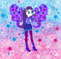 Size: 736x708 | Tagged: safe, artist:selenaede, artist:user15432, imported from derpibooru, rarity, fairy, human, equestria girls, alternate hairstyle, barely eqg related, base used, boots, clothes, cosmix, crossed arms, crossover, fairy wings, fairyized, gradient background, high heel boots, high heels, leggings, ponied up, purple dress, purple shoes, purple wings, rainbow s.r.l, shoes, solo, stars, wings, winx, winx club, winxified