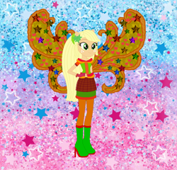Size: 736x708 | Tagged: safe, artist:selenaede, artist:user15432, imported from derpibooru, applejack, fairy, human, equestria girls, alternate hairstyle, barely eqg related, base used, boots, clothes, cosmix, crossover, fairy wings, fairyized, fingerless gloves, gloves, gradient background, green shoes, hand on hip, hatless, high heel boots, high heels, leggings, missing accessory, orange dress, orange wings, ponied up, rainbow s.r.l, shoes, solo, stars, wings, winx, winx club, winxified