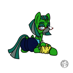 Size: 1500x1500 | Tagged: safe, artist:dice-warwick, imported from derpibooru, oc, oc only, oc:temboril tablature, original species, pony, fallout equestria, fallout equestria: dance of the orthrus, fallout equestria: scout sizzle cymbal, fanfic art, glasses, horn, leg warmers, looking back, mirage pony, presenting, raised tail, small horn, small wings, solo, spandex, stripes, tail, wings