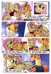 Size: 1024x1463 | Tagged: safe, artist:loryska, imported from derpibooru, fluttershy, oc, oc:larkspur, draconequus, hybrid, pony, comic:friendship grows, clothes, cloven hooves, colored hooves, ear fluff, embarrassed, female, hug, interspecies offspring, jacket, laughing, male, mother and child, mother and son, mothers gonna mother, offspring, parent:discord, parent:fluttershy, parents:discoshy, teasing, two toned wings, winghug, wings