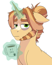 Size: 2190x2738 | Tagged: safe, artist:itstechtock, imported from derpibooru, oc, oc only, oc:cuppa joe, pony, unicorn, pandoraverse, bags under eyes, beard, coffee mug, facial hair, floppy ears, glowing horn, horn, levitation, looking at you, magic, male, mug, offspring, parent:cinnamon chai, parent:donut joe, parents:cinnamon donut, simple background, solo, stallion, telekinesis, transparent background