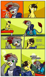 Size: 1280x2151 | Tagged: safe, artist:khaki-cap, imported from derpibooru, oc, oc:khaki-cap, oc:tommy, oc:tommy the human, alicorn, griffon, pony, comic:magical mishaps, alicorn oc, annoyed, bed, book, cap, clothes, colt, comic page, commissioner:bigonionbean, cutie mark, griffonized, hat, hoodie, horn, jean thicc, jeans, male, pants, species swap, text, transformation, wings