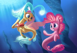 Size: 2600x1800 | Tagged: safe, artist:auroriia, artist:rocket-lawnchair, imported from derpibooru, pinkie pie, princess skystar, earth pony, jellyfish, pony, seapony (g4), my little pony: the movie, bioluminescent, blue eyes, bubble, clothes, collaboration, crepuscular rays, female, fin wings, fins, fish tail, flower, flower in hair, flowing mane, flowing tail, jewelry, necklace, ocean, open mouth, pearl necklace, seaponified, seapony pinkie pie, see-through, smiling, species swap, sunlight, tail, teeth, underwater, water, wings