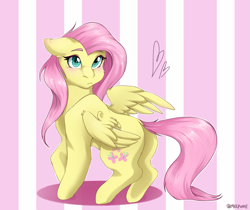 Size: 2553x2147 | Tagged: safe, artist:dollpone, artist:melpone, imported from derpibooru, fluttershy, pegasus, pony, blushing, cute, female, floppy ears, head turned, heart, high res, looking at you, looking back, looking back at you, mare, raised hoof, shyabetes, solo, spread wings, standing, turned head, wings