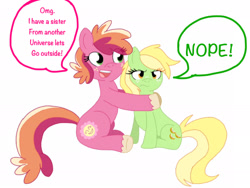 Size: 2048x1536 | Tagged: safe, artist:smileverse, imported from derpibooru, oc, oc only, oc:earligold, oc:peachy keen, earth pony, pony, pandoraverse, dialogue, duo, female, freckles, hug, interdimensional siblings, offspring, parent:big macintosh, parent:cheerilee, parents:cheerimac, siblings, simple background, sisters, unshorn fetlocks, white background