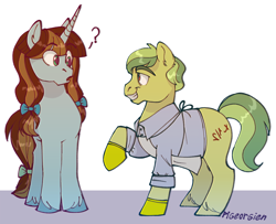 Size: 1150x933 | Tagged: safe, artist:pigeorgien, imported from derpibooru, oc, oc only, oc:chemistry couple, oc:half-life, earth pony, pony, unicorn, apple family member, apron, bow, chemist, clothes, confused, duo, eyebrows, eyebrows visible through hair, female, gloves, hair ribbon, hoof fluff, looking at each other, mare, question mark, ribbon, shirt, smiling, tail bow, unshorn fetlocks