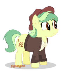 Size: 371x419 | Tagged: safe, artist:pigeorgien, artist:selenaede, imported from derpibooru, oc, oc only, oc:half-life, earth pony, pony, apple family member, base used, chubby, chunky, clothes, cute, eyebrows, female, halfabetes, hat, jacket, mare, plump, shirt, solo, young