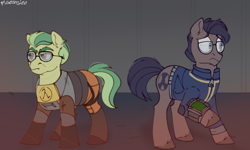 Size: 1500x900 | Tagged: safe, artist:pigeorgien, imported from derpibooru, oc, oc only, oc:fallout(pigeorgien), oc:half-life, earth pony, pony, fallout equestria, clothes, cosplay, costume, duo, eyebrows, fallout, fear, female, glasses, gordon freeman, half-life, hev suit, jumpsuit, lambda, male, mare, parody, pipbuck, stallion, unshorn fetlocks, vault suit, video game crossover