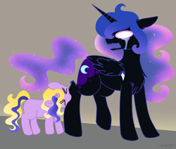 Size: 1882x1601 | Tagged: safe, artist:synthsparkle, imported from derpibooru, nightmare moon, oc, oc:wendysparkle, alicorn, pony, unicorn, baby, baby pony, biting, crying, cute, daughter, eyes closed, female, interspecies offspring, mommy, mother and child, mother and daughter, offspring, parent:albert wesker, parent:nightmare moon, tears of pain