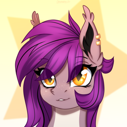 Size: 1024x1024 | Tagged: safe, artist:cottomaime, artist:cottonaime, imported from derpibooru, oc, oc only, oc:crystal shadow, bat pony, pony, ear piercing, earring, freckles, jewelry, lip bite, piercing, smiling