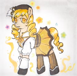 Size: 1000x989 | Tagged: safe, artist:blueberry pie_蜜糕, imported from derpibooru, earth pony, pony, crossover, flower, magical girl, mami tomoe, ponified, puella magi madoka magica, simple background, solo, traditional art