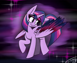 Size: 5500x4500 | Tagged: safe, artist:flywheel, imported from derpibooru, twilight sparkle, alicorn, pony, abstract background, colored wings, eye clipping through hair, female, mare, multicolored wings, raised hoof, smiling, solo, twilight sparkle (alicorn), wings