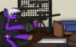 Size: 1622x999 | Tagged: safe, artist:99999999000, imported from derpibooru, oc, oc only, oc:firearm king, earth pony, pony, ar-15, ar15, bed, bedroom, gun, hoof hold, m249, male, mp5, rifle, submachinegun, weapon