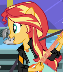 Size: 624x715 | Tagged: safe, imported from derpibooru, screencap, sunset shimmer, eqg summertime shorts, equestria girls, get the show on the road, cropped, geode of empathy, guitar, guitar pick, magical geodes, musical instrument, ponied up, pony ears, solo