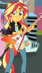 Size: 412x709 | Tagged: safe, imported from derpibooru, screencap, fluttershy, sunset shimmer, eqg summertime shorts, equestria girls, get the show on the road, cropped, guitar, musical instrument, ponied up, smiling