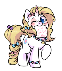Size: 872x1002 | Tagged: safe, artist:paperbagpony, imported from derpibooru, oc, oc:decora, unicorn, blushing, curved horn, cute, horn, jewelry, necklace, ocbetes, ribbon, simple background, white background