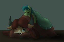 Size: 3000x2000 | Tagged: safe, artist:sixes&sevens, imported from derpibooru, sandbar, yona, earth pony, pony, yak, blanket, cute, female, interspecies, looking up, male, sandabetes, shipping, simple background, sleeping, straight, yonabar, yonadorable