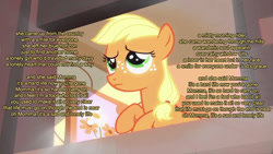 Size: 1280x720 | Tagged: safe, edit, edited screencap, imported from derpibooru, screencap, applejack, the cutie mark chronicles, electric light orchestra, elo, female, filly, filly applejack, lyrics, momma, sad, song reference, text, younger