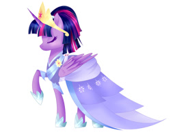 Size: 1280x1024 | Tagged: safe, artist:gloriaartist, artist:starflightsparkleyt, imported from derpibooru, twilight sparkle, alicorn, pony, the last problem, clothes, coronation dress, crown, dress, eyes closed, female, jewelry, raised hoof, regalia, second coronation dress, simple background, solo, twilight sparkle (alicorn), white background