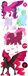 Size: 1200x3200 | Tagged: safe, artist:arexstar, imported from derpibooru, oc, oc only, oc:blood moon, oc:lightning bug, oc:maleficent hearts, oc:minnow, oc:rosey may, alicorn, bat pony, bat pony alicorn, earth pony, pegasus, pony, bat wings, female, horn, magical lesbian spawn, mare, offspring, parent:cheerilee, parent:king sombra, parent:lightning dust, parent:lightningtrail, parent:nightmare moon, parent:princess cadance, parent:star tracker, parent:tempest shadow, parent:trouble shoes, parent:vapor trail, parent:wind sprint, parents:lightningtrail, parents:tempestdance, simple background, white background, wings