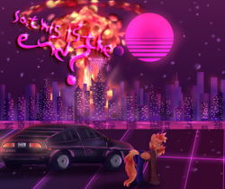 Size: 6900x5800 | Tagged: safe, artist:menalia, imported from derpibooru, oc, oc only, oc:shiny flames, pegasus, pony, absurd resolution, aesthetics, back to the future, car, city, clothes, delorean, emotionless, female, gloves, hoodie, hotline miami, jeans, mare, moon, night, nuclear explosion, pants, shoes, solo, stars, sun, synthwave, synthwave grid, text, unfinished art, wings