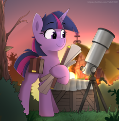 Size: 5395x5500 | Tagged: safe, artist:felixf, imported from derpibooru, twilight sparkle, pony, unicorn, book, crate, evening, female, mare, scroll, smiling, solo, telescope, unicorn twilight