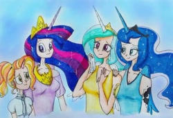 Size: 540x367 | Tagged: safe, artist:lunaart, imported from derpibooru, luster dawn, princess celestia, princess luna, twilight sparkle, alicorn, human, the last problem, alicorn humanization, alternative cutie mark placement, cutie mark on human, horn, horned humanization, humanized, older, older twilight, princess twilight 2.0, shoulder cutie mark, twilight sparkle (alicorn), winged humanization, wings