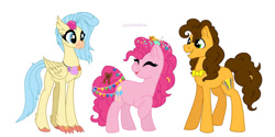 Size: 1024x512 | Tagged: safe, artist:incendiaryboobs, artist:incendiarymoth, imported from derpibooru, cheese sandwich, pinkie pie, princess skystar, earth pony, hippogriff, my little pony: the movie, cheesepie, female, lesbian, lesbian in front of boys, male, next generation, nextgen:mothverse, ot3, polyamory, shipping, skypie, skypiecheese, straight