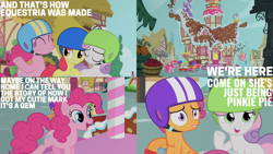 Size: 2000x1125 | Tagged: safe, edit, edited screencap, editor:quoterific, imported from derpibooru, screencap, apple bloom, pinkie pie, scootaloo, sweetie belle, earth pony, pegasus, pony, unicorn, the cutie mark chronicles, and that's how equestria was made, bipedal, cutie mark crusaders, eyes closed, female, filly, helmet, lip bite, open mouth, pinkie being pinkie, scooter