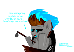 Size: 1081x768 | Tagged: safe, artist:@cameron, derpibooru exclusive, imported from derpibooru, oc, oc only, oc:blue flare, pegasus, pony, black sclera, bored, dialogue, double entendre, folded wings, glowing mane, hoe, hoe (tool), hoof on cheek, joke, joke oc, male, narrowed eyes, pegasus oc, pony oc, simple background, sitting, solo, stallion, talking to viewer, white background, wings