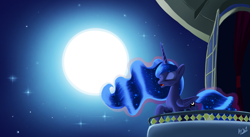 Size: 1829x1000 | Tagged: safe, artist:jphyperx, imported from derpibooru, princess luna, alicorn, pony, children of the night, balcony, canterlot, eyes closed, full moon, moon, night, singing, solo