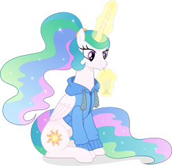 Size: 5207x5013 | Tagged: safe, artist:inaactive, artist:pumpkinpieforlife, imported from derpibooru, princess celestia, alicorn, pony, absurd resolution, alternate hairstyle, clothes, ethereal mane, ethereal tail, female, glowing horn, hoodie, horn, magic, mare, milkshake, ponytail, simple background, solo, transparent background