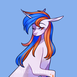 Size: 1410x1404 | Tagged: safe, artist:birdbiscuits, imported from derpibooru, oc, oc only, pony, unicorn, blue background, female, mare, one eye closed, simple background, solo