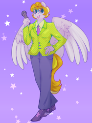 Size: 1200x1599 | Tagged: safe, artist:pigeorgien, imported from derpibooru, oc, oc only, oc:star trails, anthro, pegasus, pony, adorable face, adorkable, anthro oc, beautiful, clothes, colored wings, cute, dork, female, glasses, hand on hip, mare, microphone, multicolored wings, necktie, pants, shirt, shoes, solo, starry background, suit, winged anthro, wings