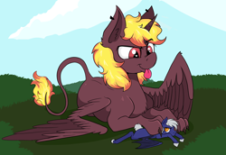 Size: 6043x4160 | Tagged: safe, artist:paskanaakka, imported from derpibooru, oc, oc only, oc:duty crew (uni), alicorn, bat pony, hybrid, pony, sphinx, bat pony oc, bat wings, duo, giant pony, giant sphinx, macro, paws, pinned, size difference, sphinx oc, the weak should fear the strong, tongue out, wings