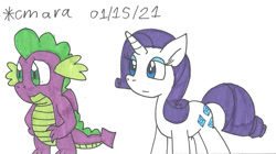 Size: 1280x715 | Tagged: safe, artist:cmara, imported from derpibooru, rarity, spike, dragon, pony, unicorn, eyeshadow, female, makeup, male, mare, shipping, simple background, sparity, straight, traditional art, white background, winged spike, wings