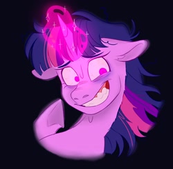 Size: 1920x1876 | Tagged: safe, artist:jopajopovna1, imported from derpibooru, twilight sparkle, pony, bloodshot eyes, bust, floppy ears, glowing eyes, glowing horn, horn, reaction image, smiling, solo, twilight snapple, twilighting